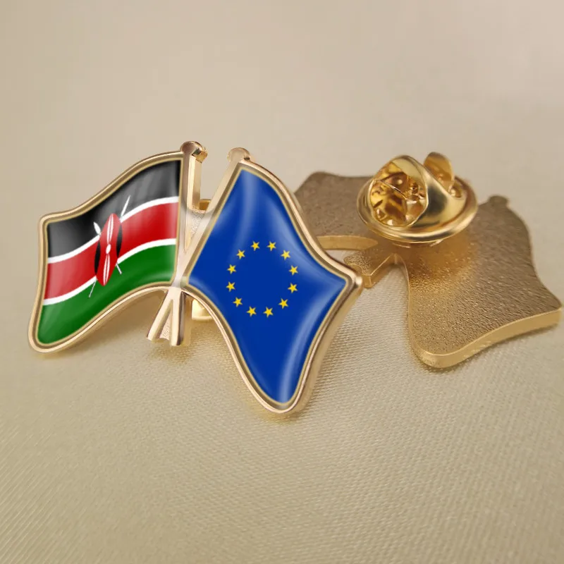 

European Union and Kenya Crossed Double Friendship Flags Brooch Badges Lapel Pins