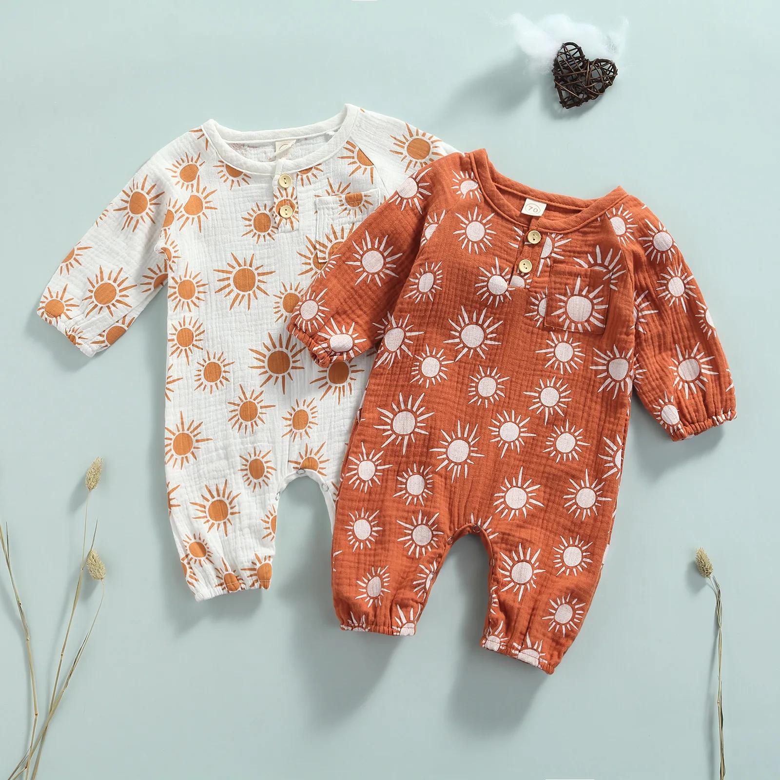 

Baby Spring Autumn Clothing Casual Long Sleeve Cotton Linen Jumpsuit Fashion Sun Printing Button Round Neck Long Romper