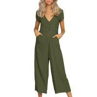 rompers 2020 summer new women casual loose linen cotton jumpsuit short sleeve v neck playsuit trousers overalls