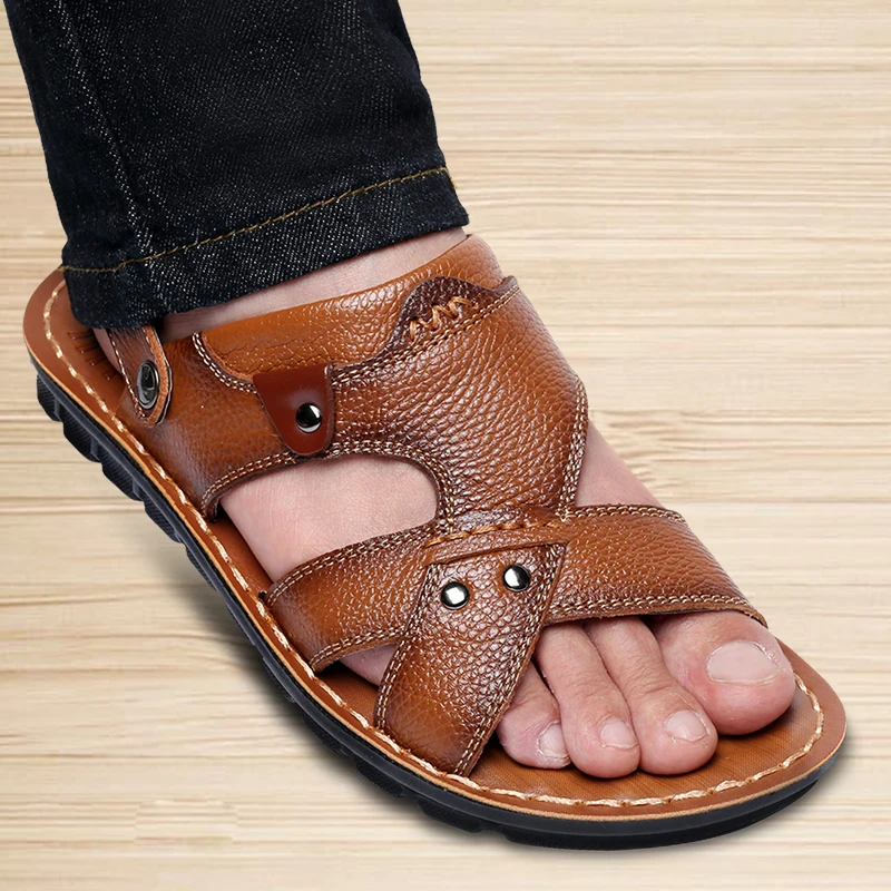 

Summer Genuine Leather Sandals Men's Soft Bottom Open Toe Sandals Men Leisur men beach shoes outdoor Cowhide Dual use slippers