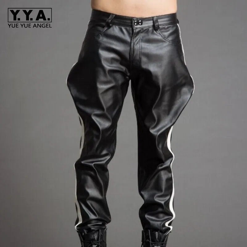 Высококачественные роскошные мужские брюки черные из искусственной кожи