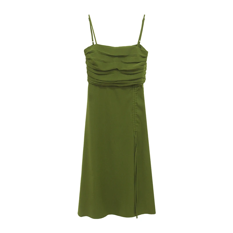 Женское летнее облегающее платье на тонких бретельках зеленое нестандартное