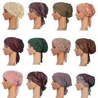 12pcs wholesale fashion style elastic lace bandage muslim inner hijab caps islamic underscarf hats various 8 colors random color