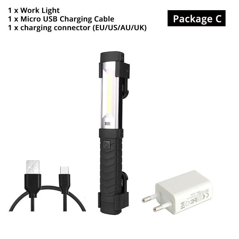 Package C USB Перезаряжаемый COB рабочий светильник, яркий светодиодный светильник-вспышка с мощным магнитом и крючком, подходящий для кемпинга, обслуживания и т. д - Испускаемый цвет: Package C