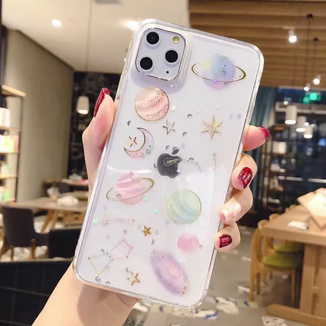 Лак Блеск Bling луна звезды планета чехол для телефона для iphone 11 11Pro Max XS Max XR X 6S 6 7 8 Plus задняя крышка Чехлы с принтом из мультфильма - Цвет: Style 1