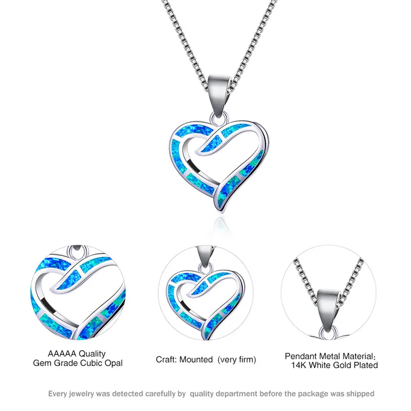 

Luxury Female Love Heart Pendants Necklace Charm White Blue Opal Chain Necklace Vintage Silver Color Wedding Necklaces For Women