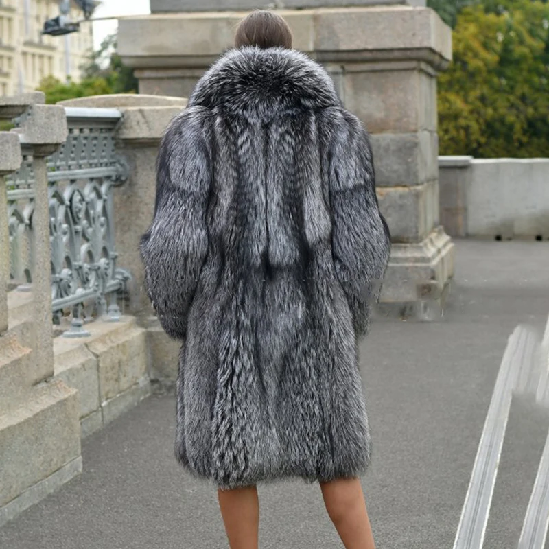 Luxury Women Natural Silver Fox Fur Coat with Big Lapel Collar Thick Warm Winter Fur Overcoats Woman Fashion Fox Fur Coat Outfit