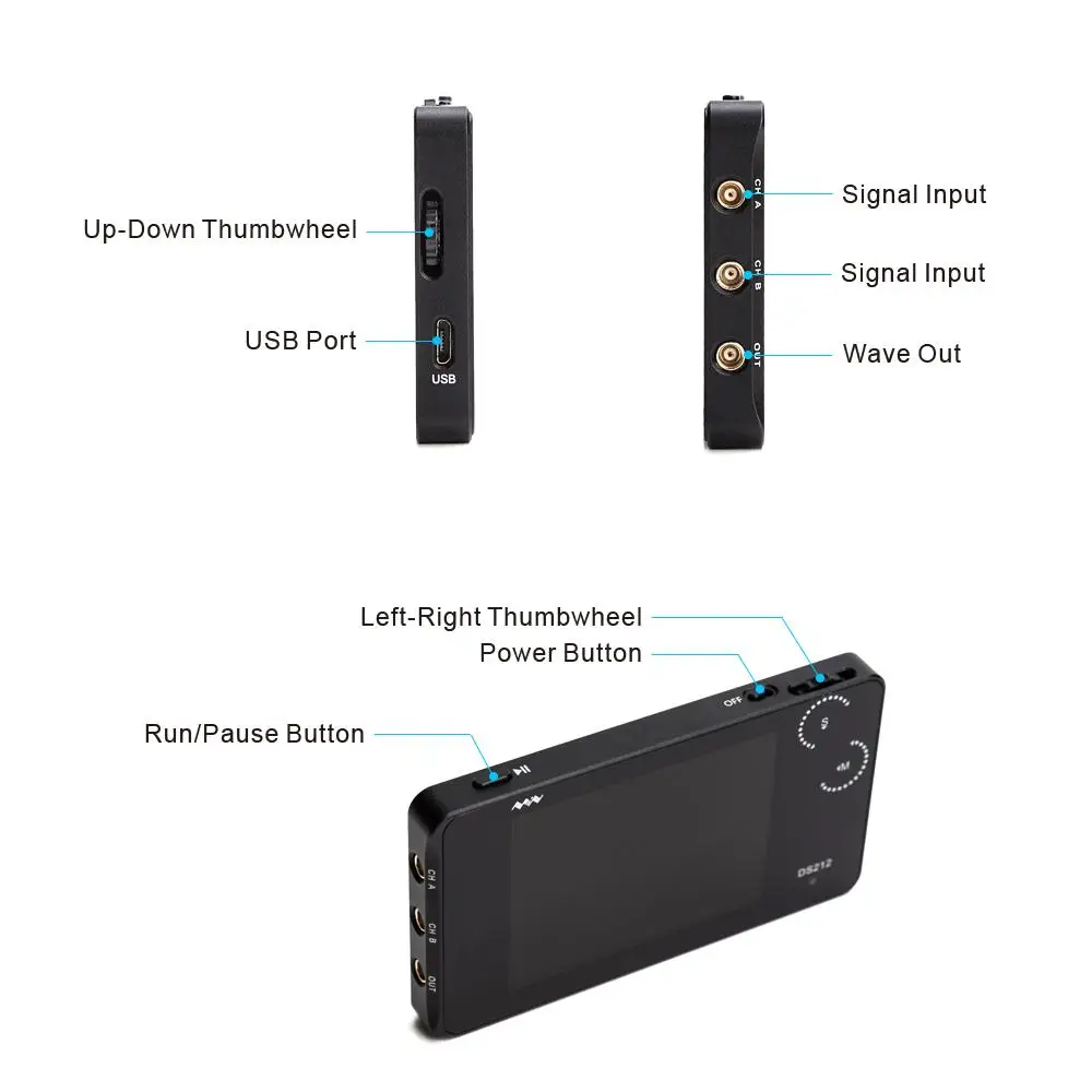 

DS212 DSO Mini 2 Channel Digital Oscilloscope USB Full Color TFT Display 8MB Bandwidth 1MHz Sampling Rate 10MSa/s
