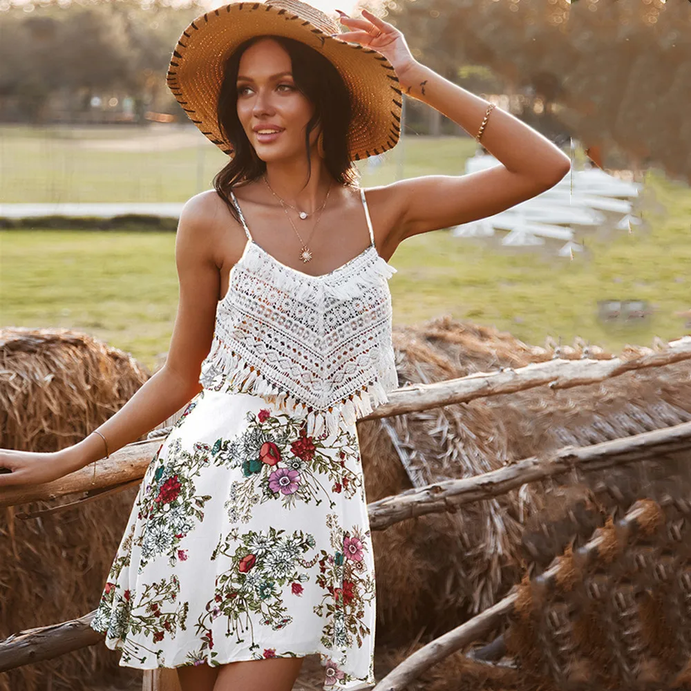 

Fashion Floral Printed Suspender Dress 2021 Summer New Bohemian Holiday Style Sexy Backless Lace-Up Patchwork A-Line Women Dress