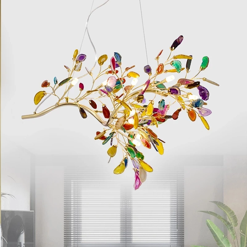 2021 Bedroom Gold Plated Chandeliers Living Room Colorful Agate Lighting Kitchen Suspension Chandelier Modern Nordic Home Dining