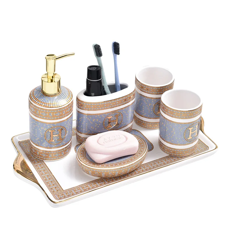 luxury golden ceramics bathroom accessory set porcelain soap dispenser couple wash suit pump bottle tooth frame holder mouth cup free global shipping