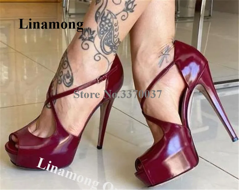 

Linamong Fashoin Peep Toe Patent Leather Wine Red High Platform Stiletto Heel Pumps Straps Cross Burgundy High Heels Club Shoes