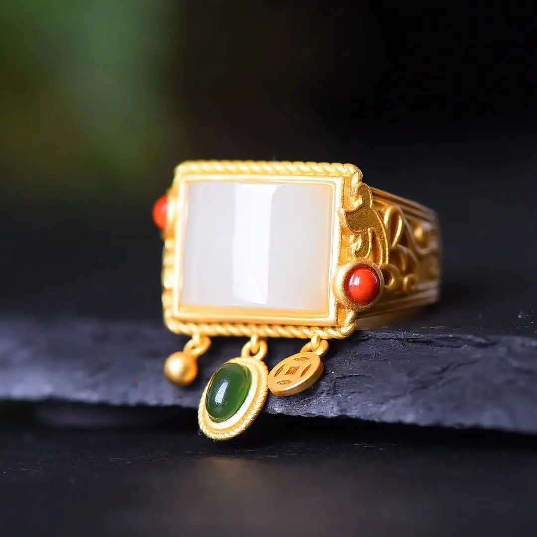 

Natural 925 Inlaid Hetian Jade Drum Face Square With Duobao Ring