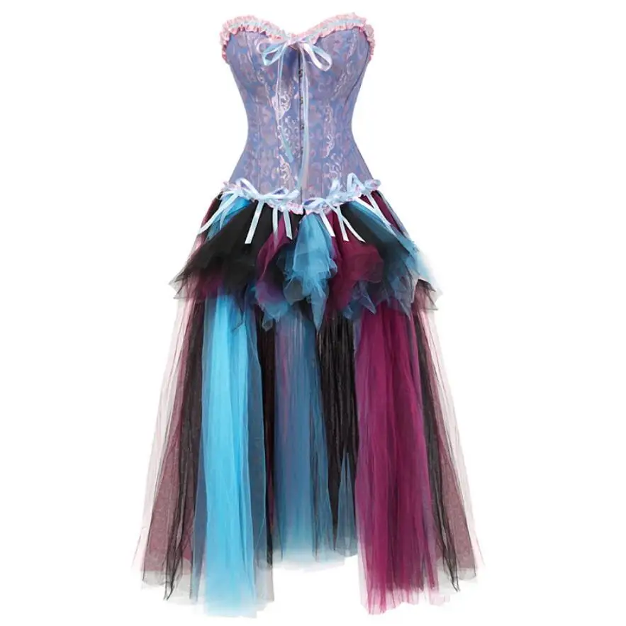 

Corsets Dress with Midi Skirt Set Sexy Renaissance Womens Mesh Burlesque Floral Lace Up Corset Bustier Blue Black
