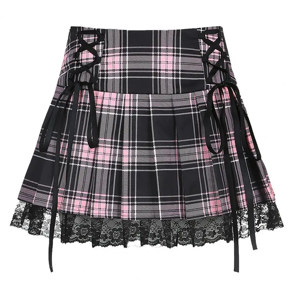 

Sexy Women Mid Rise Plaid Lace Trim Tie Up Pleated Zipper Cosplay Mini Skirt