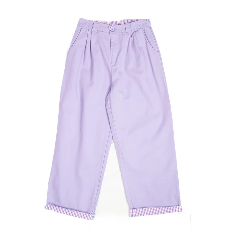 Милые фиолетовые брюки в стиле Харадзюку для женщин милые винтажные клетчатые