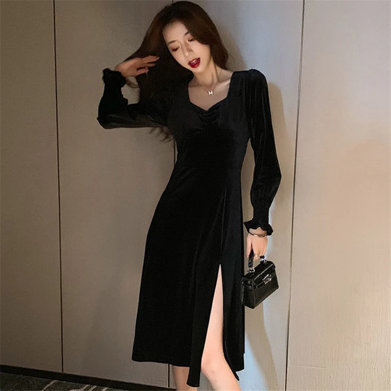 

Velvet Puff Sleeve Velvet Dress Korean Ins Elegant Dresses Women Sexy V-Neck Slim Robe Split Fit Vestidos