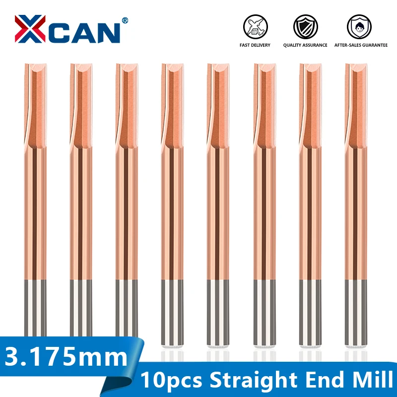 XCAN Straight End Mill Router Bit 10pcs 2 Flute Milling Cutter 3.175mm Shank CNC Machining Milling Tools Carbide Milling Bit