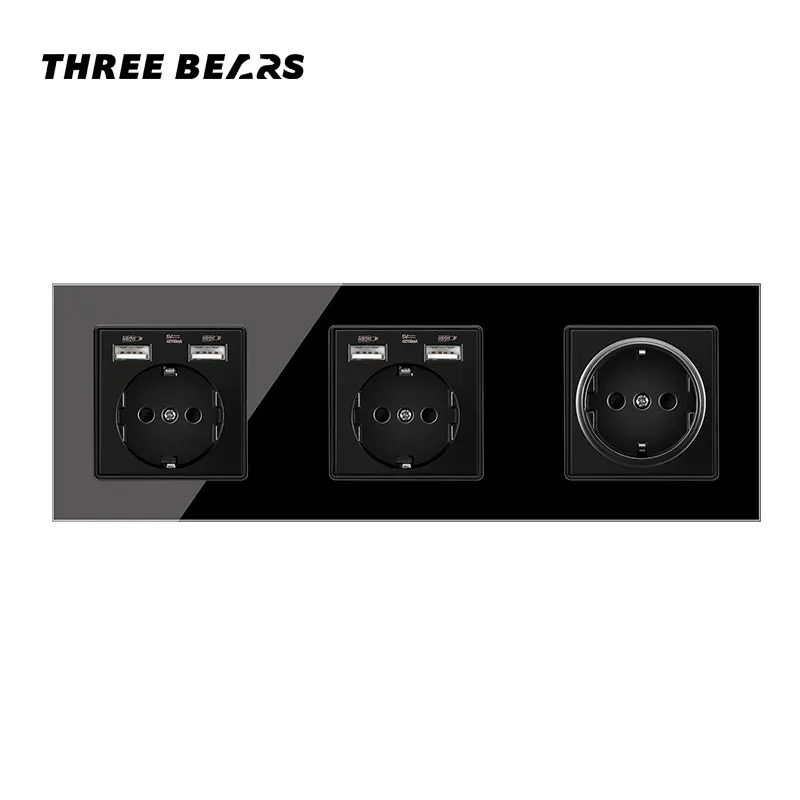 

German Standard Crystal Tempered Glass Tomada Usb Priz Wall Socket Enchufe Pared Stopcontacten Outlet Sockets AC100-250V