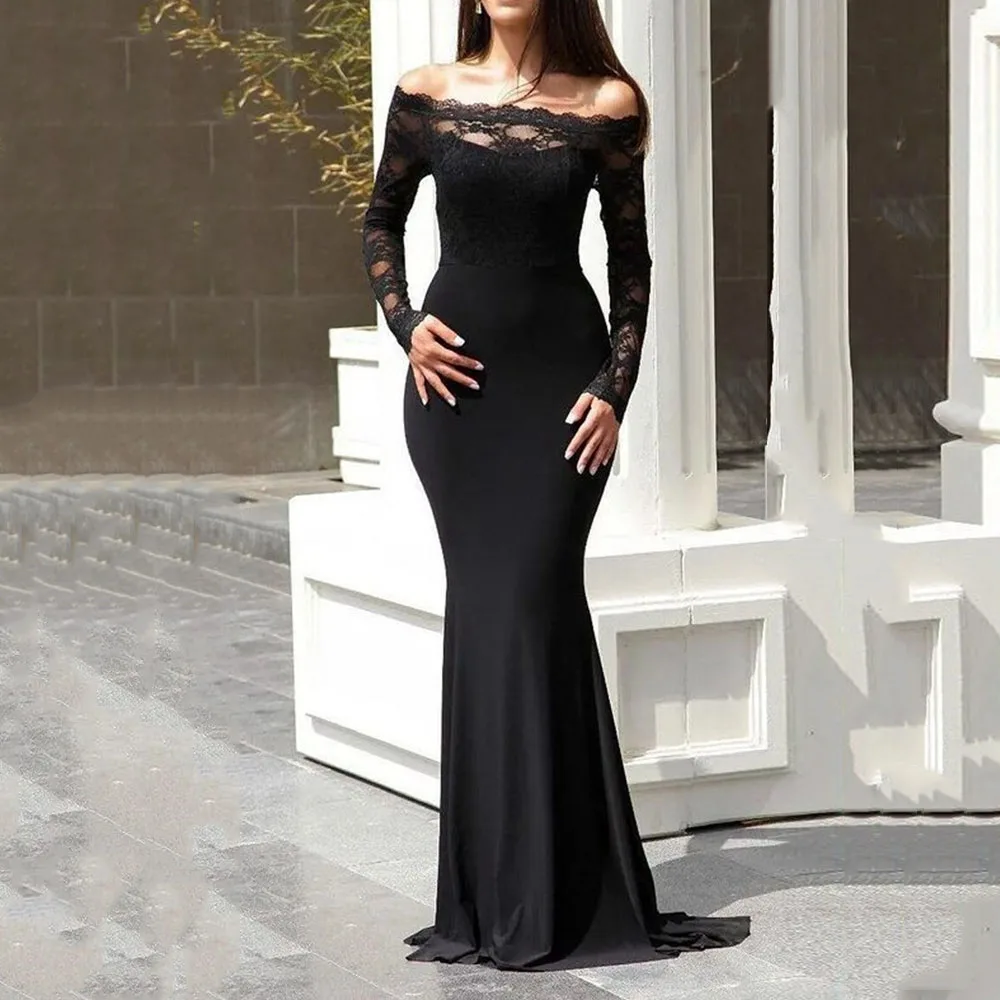 

Elegant Dresses For Women 2021 Off-The-Shoulder Solid Color Long Sleeve With Lace Mermaid Floor-Length Graduation Party Dress