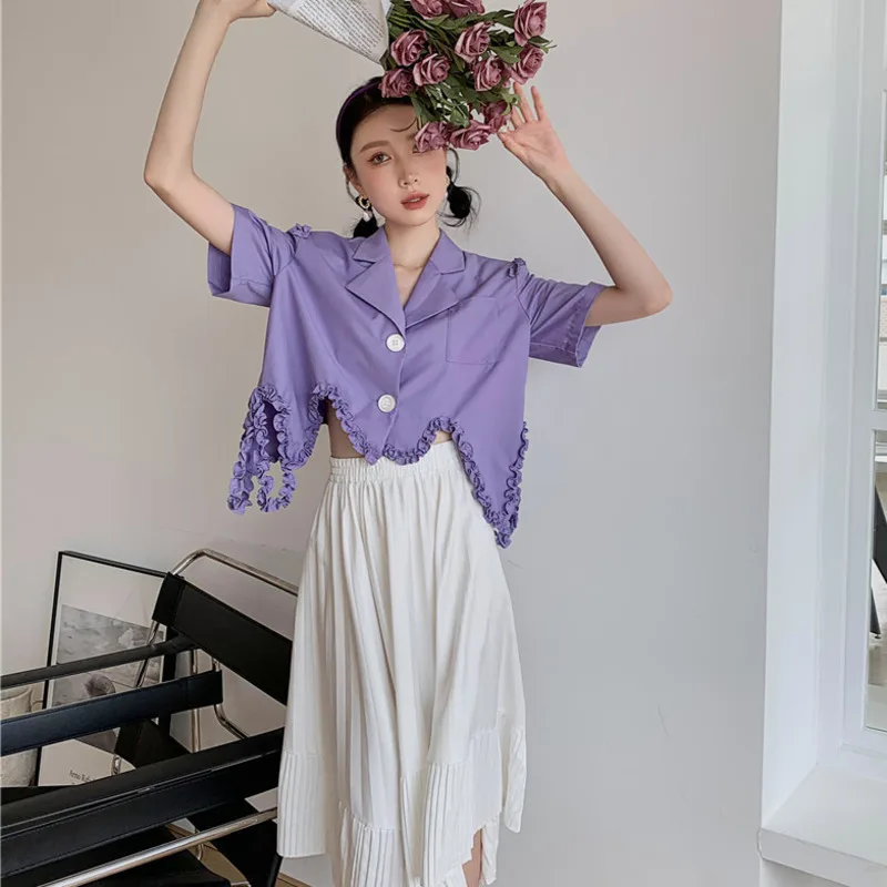 

IEQJ Loose Fit Purple irregular lace cutout short chic suit Jacket New Lapel Women Coat Fashion Tide Spring Autumn 2021 3F1576