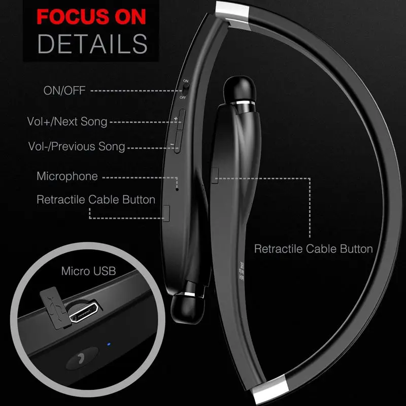 

Bluetooth Headphones Wireless Neckband Headset - Sweatproof Foldable Earphones with Mic, Retractable Earbud and 16 Hours Play Ti