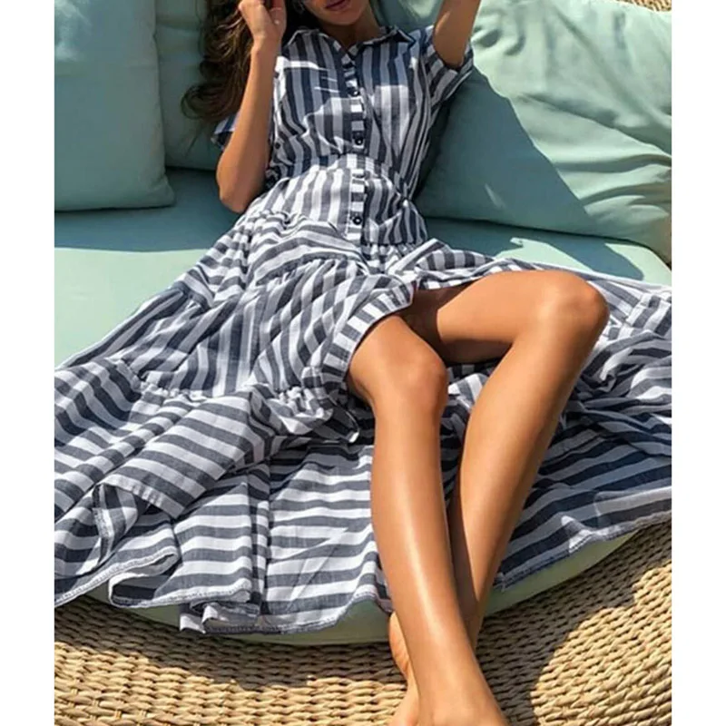 Женская летняя Новинка 2019 модное сексуальное платье в полоску с разрезом и