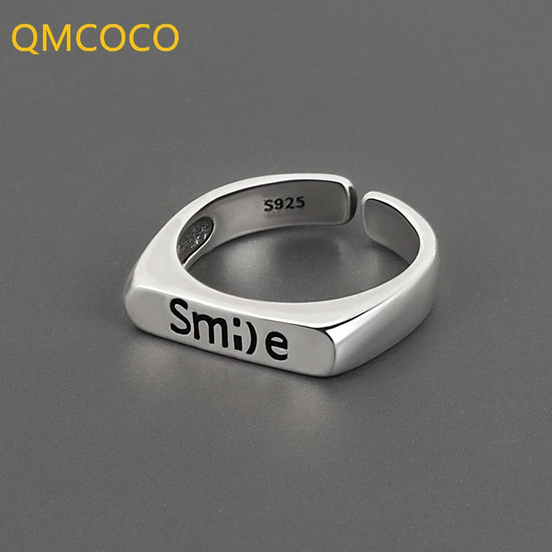 

QMCOCO Korean Vintage Smile Fashion Letter Ring INS Style Design Silver Color Opening Adjustable Finger Accessories