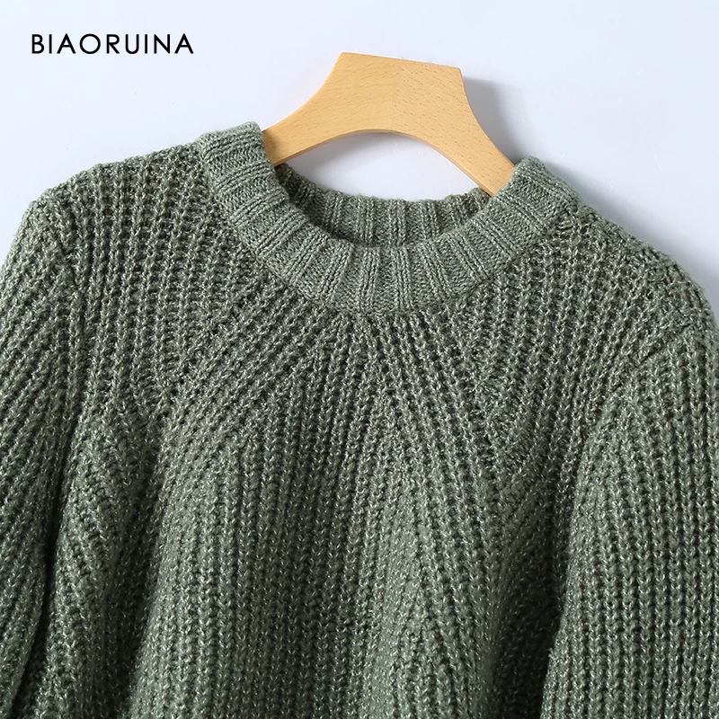 BIAORUINA 3 Colors Women's Solid Thick Needle Knitted O-neck Short Sweater Autumn Winter Female Casual Fashion Loose Pullovers | Женская