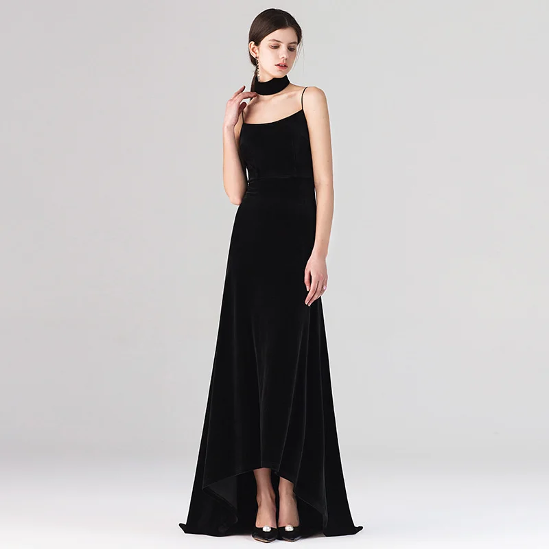 

TULX luxury high quality velvet temperament simple banquet long suspender evening dress fashion sexy slim backless black dress