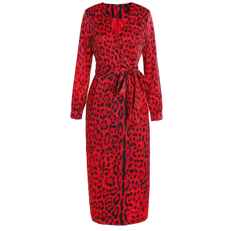 Женское леопардовое платье в стиле ретро на весну-лето 2020 Красное Длинное
