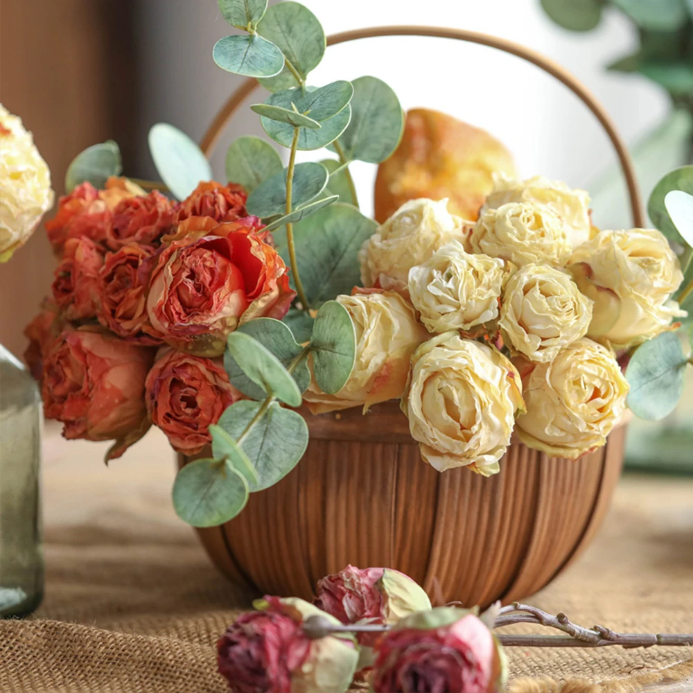 

American Country Retro Style Burnt Fake Flower Design Bonsai Indoor Decoration Handmade Artificial Flower Rose Yellow Orange