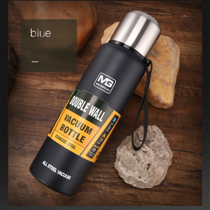Dark blue 500-1500 мл наружный портативный термос в Военном Стиле, вакуумная колба, 304 чайник большой емкости из нержавеющей стали - Цвет: Dark blue