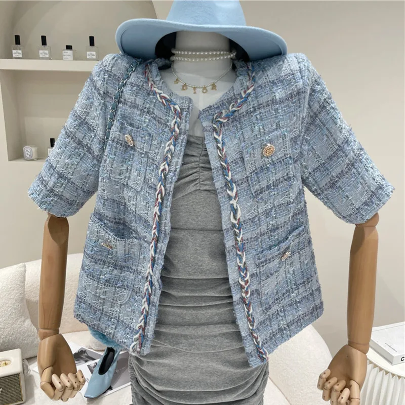 

High Quality Summer Fashion Vintage Crop Top Button Pocket Short Sleeve Tweed Jacket Coat Women Korean Outwear Chaqueta Mujer