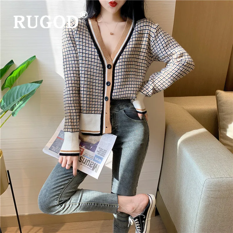 RUGOD Autumn Winter New Style Chic Plaid Sweater Contrast Color Single-breasted Knitted Cardigan Kpop Clothes Fashion 2019 |