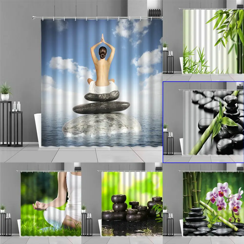 

Zen Stone Yoga Girl Shower Curtain Plants Green Bamboo Sea Scenery Bath Curtains Home Bathroom Wall Spa Decor Cloth Waterproof