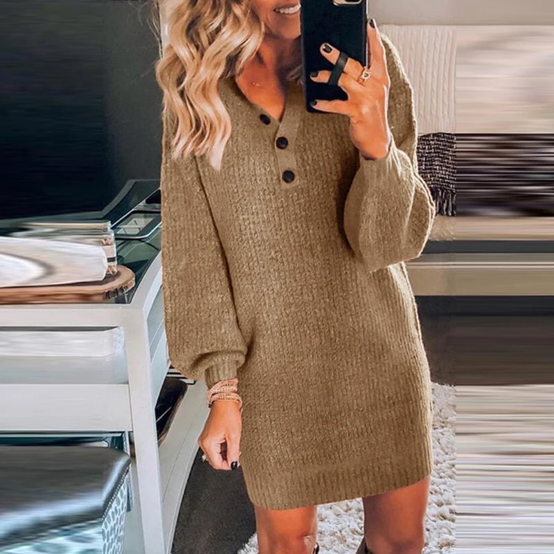 

Casual Dress Autumn Hip V-neck Button Pullover Elastic Sleeve Comfortable Winter Lady Fit Office Dress 2021