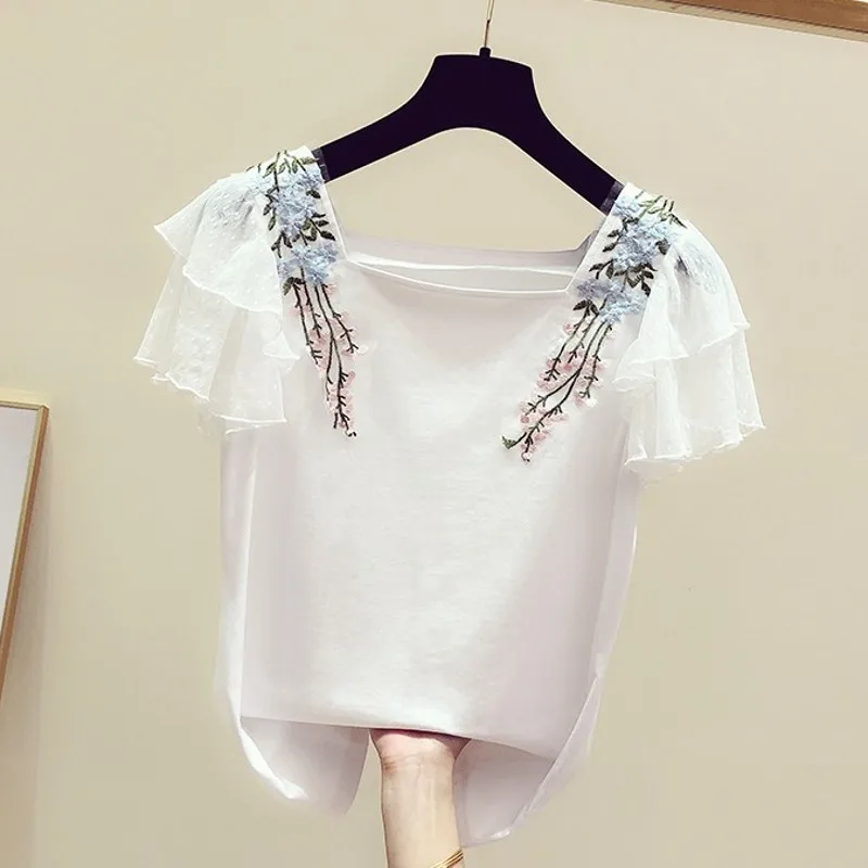 2021 летние новые женские футболки с цветочной вышивкой квадратным воротником