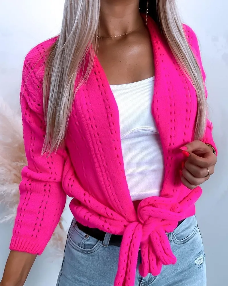 

Women Fashion Long Sleeve Cardigan Sweater Coat Autumn Loose Casual Tie Front Hollow Out Tops Woman Clothes 2021 New