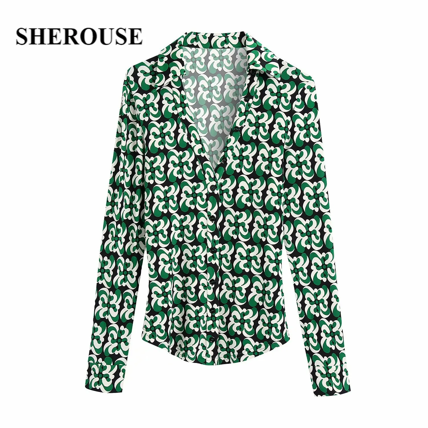 

SHEROUSE Women Fashion Printed Single Breasted Slim Blouse Lapel Neck Long Sleeve Vintage Female Shirts Chic Tops