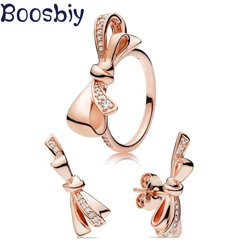 Boosbiy модные элегантные милые серьги с бантиками/кольцо кубическим цирконием