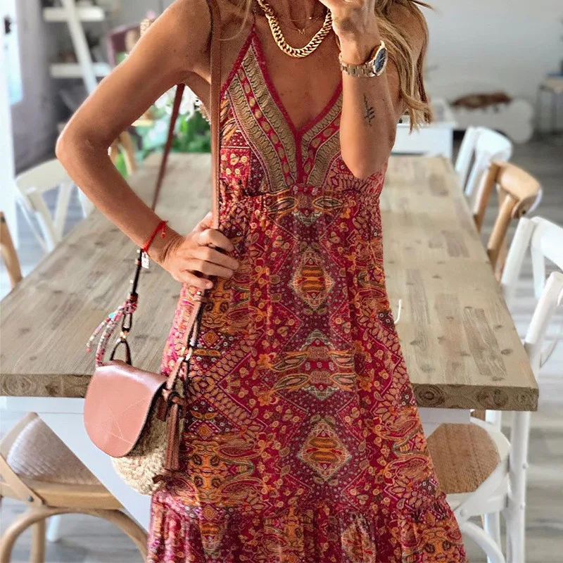 

Bohemian Fashion Vintage Women Print Dress 2020 Summer V-neck Spaghetti Straps Maxi Dress