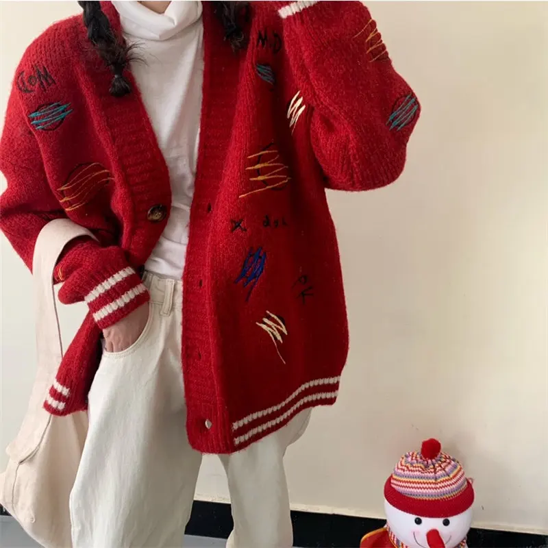 

Hzirip Christmas Embroidery Loose Casual Chic Women 2020 Retro Warm High Street Cardigans Gentle Soft Knitted Basic Sweater