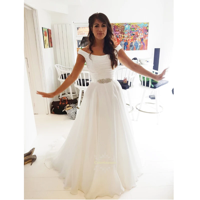 Женское свадебное платье с открытыми плечами белое длинное ТРАПЕЦИЕВИДНОЕ