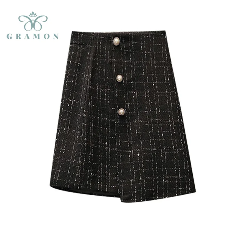 

Skirts Plus Size Women Autumn 2021 Fashion Black High Waist Plaid Button Irregular Knee Length Office Lady Oversize 4XL Skirt