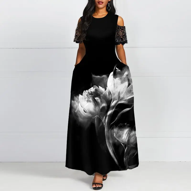 Женское длинное платье до щиколотки с открытыми плечами и цветочным принтом