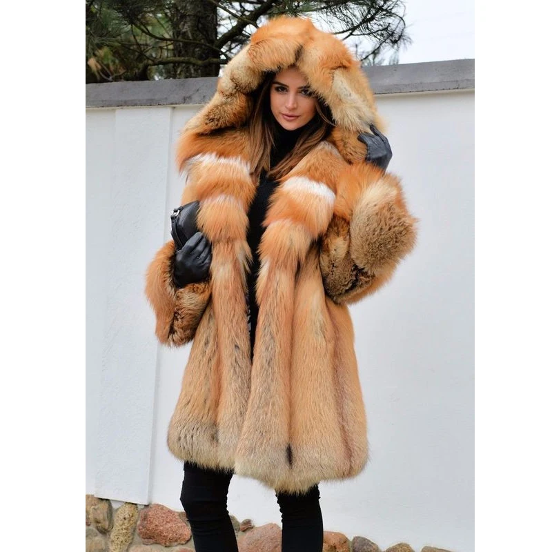BFFUR Fashion Long Real Red Fox Fur Jackets With Hood Thick Warm Natural Fox Fur Coats For Women Luxury Fur Overcoats Plus Size