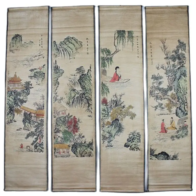 

China Old Scroll Painting Four Screen Paintings Middle Hall Hanging Painting Zhang Hongqian's Landscape Paintings