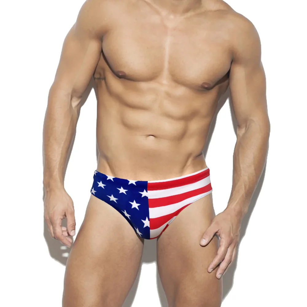 Mens USA Flag Stars Low Rise Swimwear Bikini Briefs Beach Swimsuit Underwear Swimming Trunks Board Shorts Bathing Suits