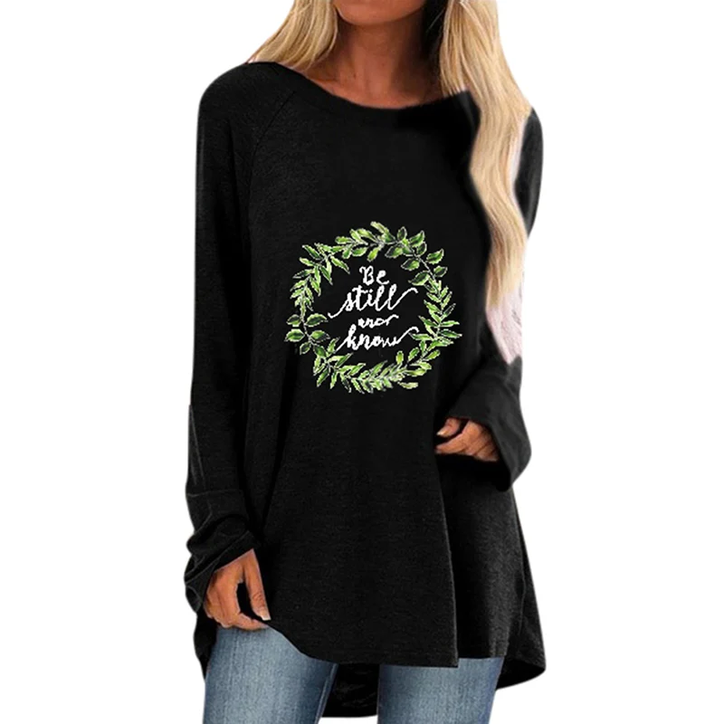 

#w Woman TShirts Large Size Long Sleeve Round Collar Tops Clothing Mid Long Length Printing Ladies Tops Shirts 5XL 2020